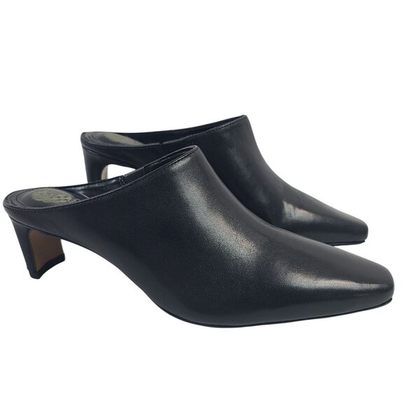 NIB Vince Camuto Alexie Black Leather Mules Size 6.5M Square Toe Slip-On Heels